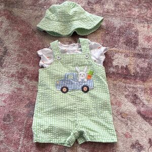Good Lad 12M Green Seersucker Bunny Carrot 3pc Outfit Hat Overall